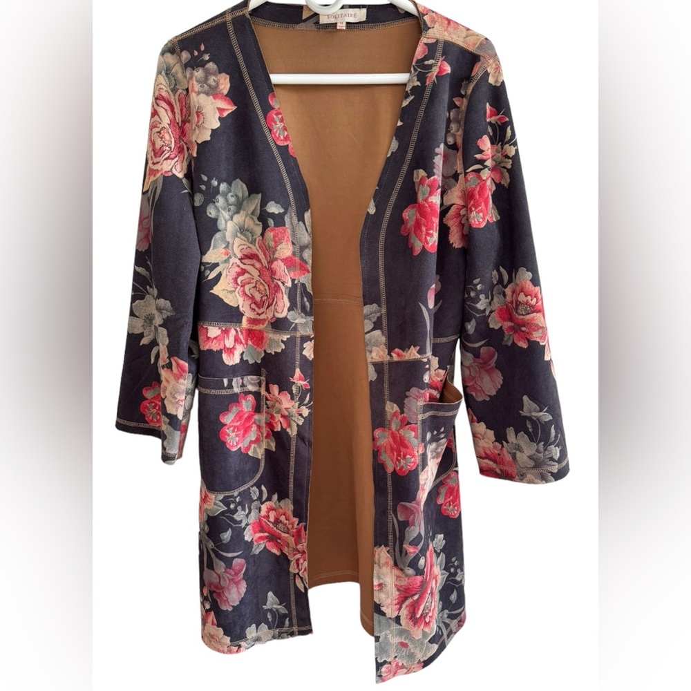 Anthropologie Solitaire Jacket Womens Medium Floral Faux Suede Open‎ Front Boho